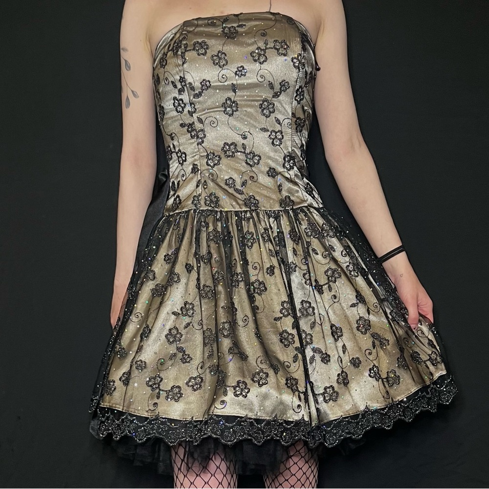 Jessica McClintock y2k champagne mesh black party dress prom cocktail tulle